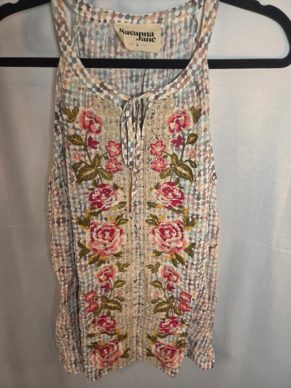 Savanna Jane Boho Tank Top Size L Heavy Floral Rose Embroidery Tie Neck